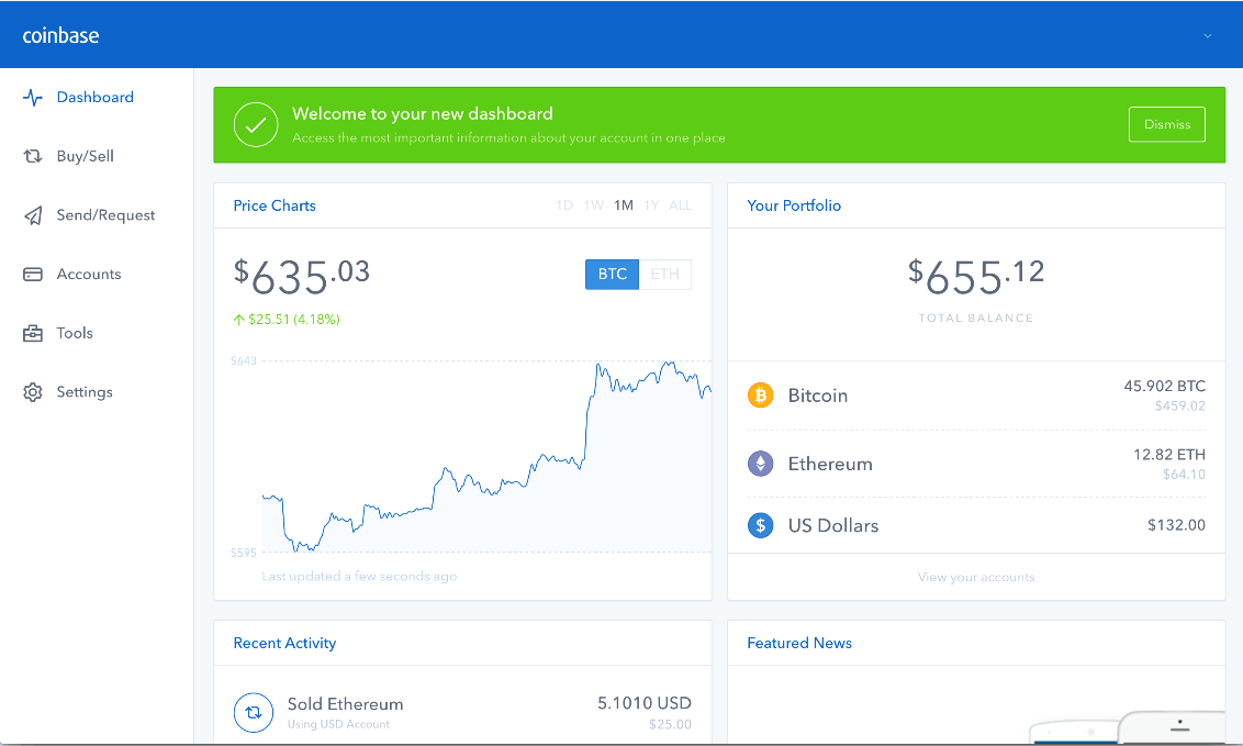 Coinbaseレビュー：Coinbaseダッシュボード。