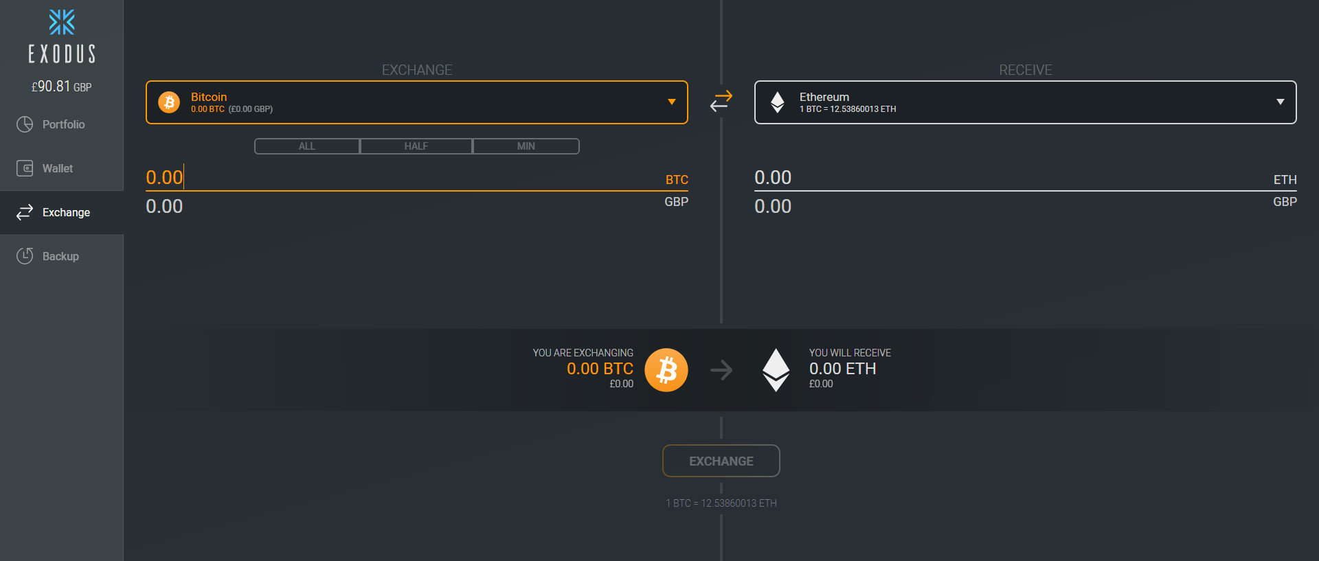 Revisão da carteira Exodus: trocando Bitcoin e Ethereum.