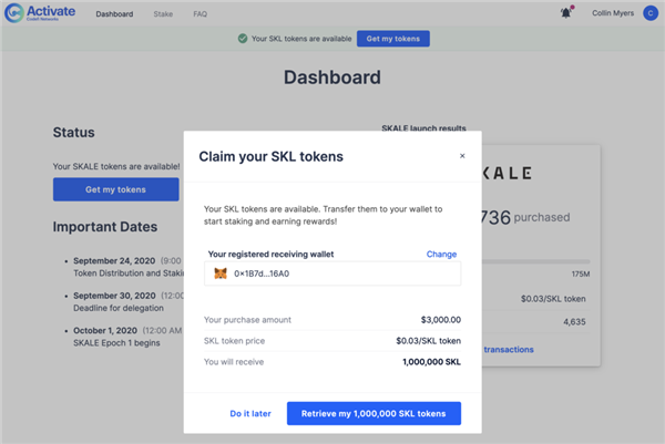 1.2 Visualize o resumo de sua quantidade comprada e a cota de token SKL associada. Clique em ‘Recuperar meus tokens SKL’ para iniciar a solicitação de transferência.